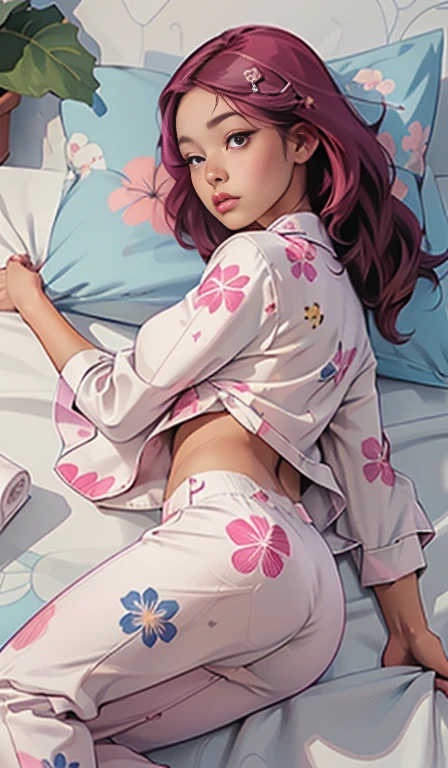 (( masterpiece,  top quality,  high resolution, Highly detailed 8K unified wallpaper )),  beautiful Japanese girl ,  Awesome Japanese girl ,  lying in bed , ( Lying in white sheets ,  He wears an oversized shirt and pajama pants with a pink floral print.:1.5), s, moonlight, Night situation,  bedroom, High brightness light, More details, sleepy eyes, saggy breast,  Big Butt,  visible thighs,  seen from behind, The buttocks are emphasized,  showing her ass,  Lying down (Spreads her legs), prone,  shallow depth of field  