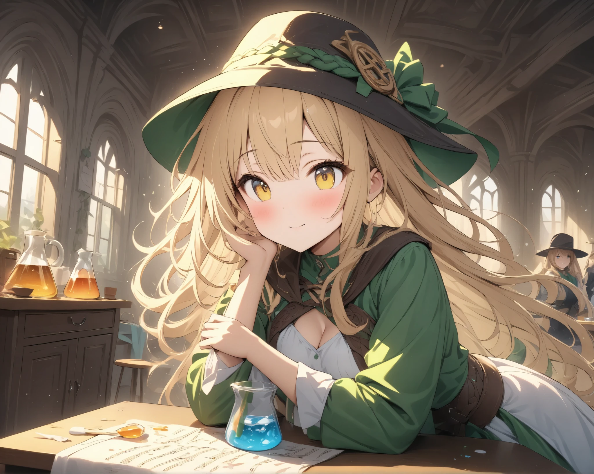 (masterpiece:1.2),( top quality ),( is composed of high quality ),( Extremely Absurd :1.2), Alchemist Girl 、Alchemist's Hat 、Alchemist Outfit、 depiction of mixing medicine in a beaker 、desk and table、Window in a room where the sun shines 、 works that look good with Celtic music、 fluffy works 、((Warm colors are the base ))、Light effects