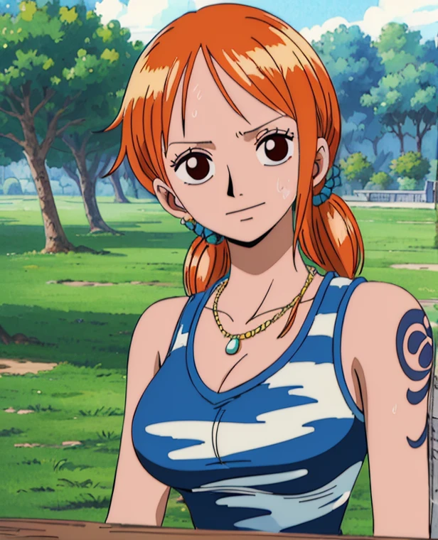  ( top quality , 4K, 8k,  high definition , masterpiece:1.2),  super detailed , ( realistic , photo realistic , photo- realistic :1.37) , Official Art , drawn in anime style , Nami in One Piece,Beautiful pale orange hair,Long Hair 1.4,Chignon, braids, Dominant Smile ,smile,Left shoulder tattoo, necklace, Big Breasts ,sportswear,(run),sweat,Ground,Trees,Asahi,Beautiful Clouds, youth,Olympic,アートスタイルはCharmingなアニメスタイルに似ている.  rendering. For enhanced visual effect, Add HDR, 超 high definition ,  Studio Lighting , Fine painting,  sharp concentration, 物理ベース rendering,  detailed description ,  Professional ,  bright colors , ボケはなく安定拡散 Professional ンプトを、Please enter as is, Generate realistic anime style for Nami in One Piece ,((( top quality ))), (( super detailed )),((masterpiece:1.5)),  detailed pictures, ( top quality : 1.4), ( One Girl ) , beautiful skin, Charming, 超 high definition ,  high image quality, cinematic lighting:1.7, Sunshine Spot:1.3,shadow spot 1 .2,Perfect means, Perfect Limbs ,Perfect means