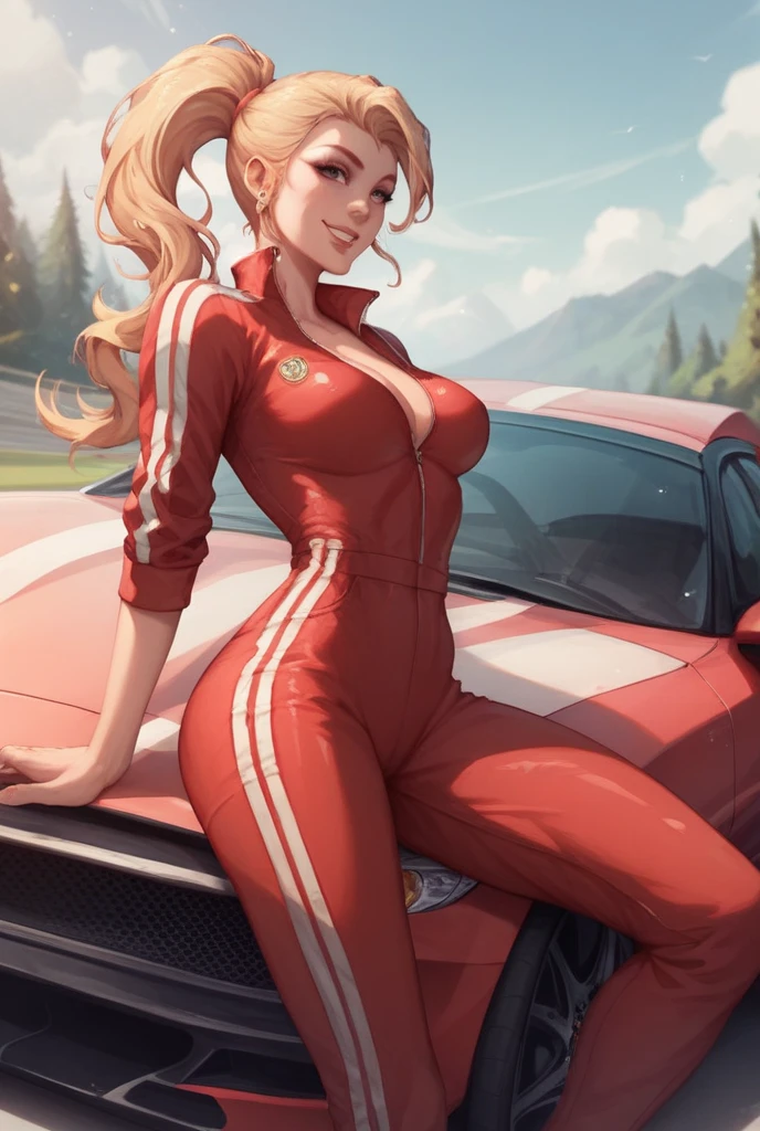 Blond-haired woman with ponytail ,  beautiful smile,  wearing a tight red Ferrari racing team jumpsuit,  medium breasts, Gluteos grandes,  leaning on a sports car  