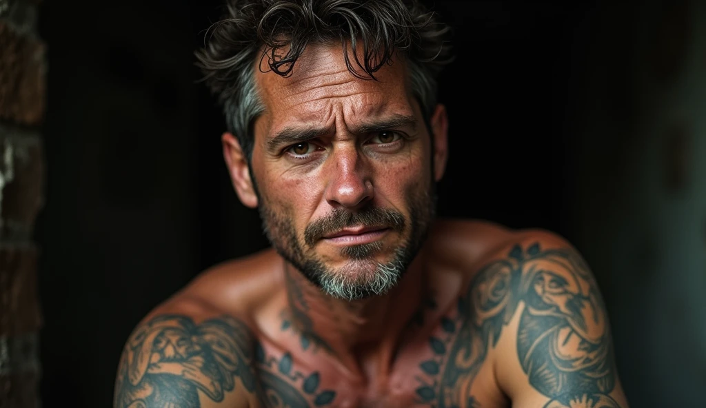 Naked tattooed old man, flexing biceps, sit on table, lift up legs