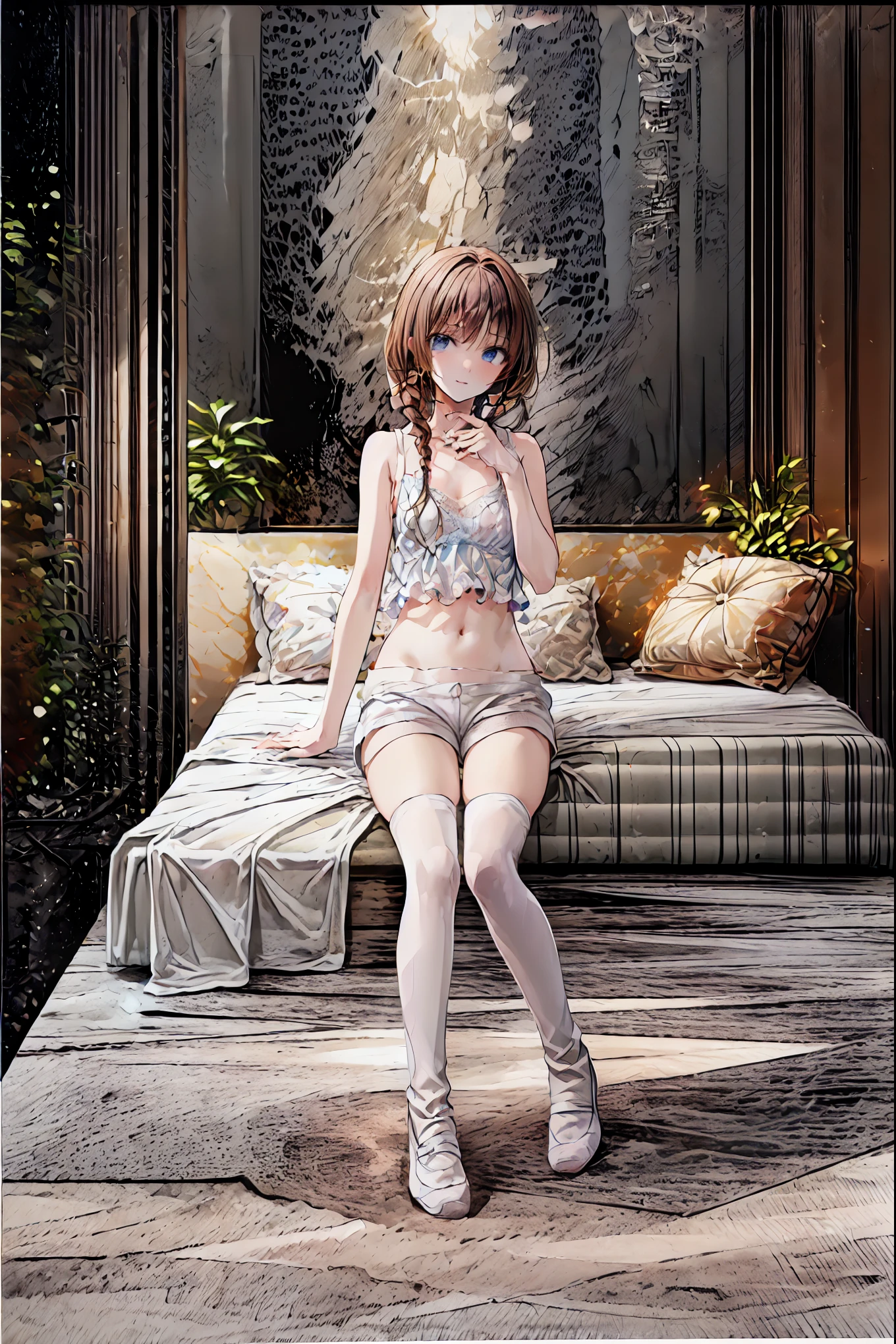    absurd,(masterpiece、  top quality 、8k ),     Intricate Details  ,   very detailed、1 cute girl、((movie:1.4)),   Embarrassing   、(   flat chest、bulge:2.2( Brown Hair、(    white camisole from frame ,   white shorts、   White Knee High Socks   :1.3),   on the bed、  Surrender,  perfect anatomy，Brown Hair，   shortcuts ，   tousled hair，  short braided hair，Neat，  Slender and Beautiful，Correct posture，  small breasts，   beautiful legs， Their enchanting gray-blue eyes shine like stars，Droopy eyes，   bright color,   beautiful eyes,A delicate smile, textured skin,  Top Quality Best  ,   A Parody of a Gentle Beautiful Woman   ,   anime style 