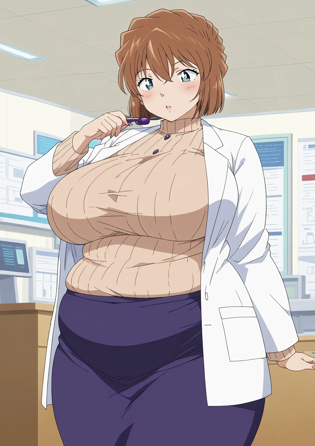 Shiho Miyano, Miyano Shiho, short hair,Brown Hair, blue eyes,hair between eyes,lab coat, Mulberry dress, long sleeve dress, mini skirt dress, score_9,   score_8_ up,   score_7_ up,   score_6_ up,   score_5_ up,   score_4_ up,     masterpiece   ,   top quality,     very aesthetic  ,    absurd,    source_Anime, Anime screencap,    one woman , Alone,   personal   ,  Super huge breasts, (((S uper huge クレビス, Super huge , Super huge boob))), Curvy,   in her 20s,  Mature Woman,   obese , ,  troubled expression,  