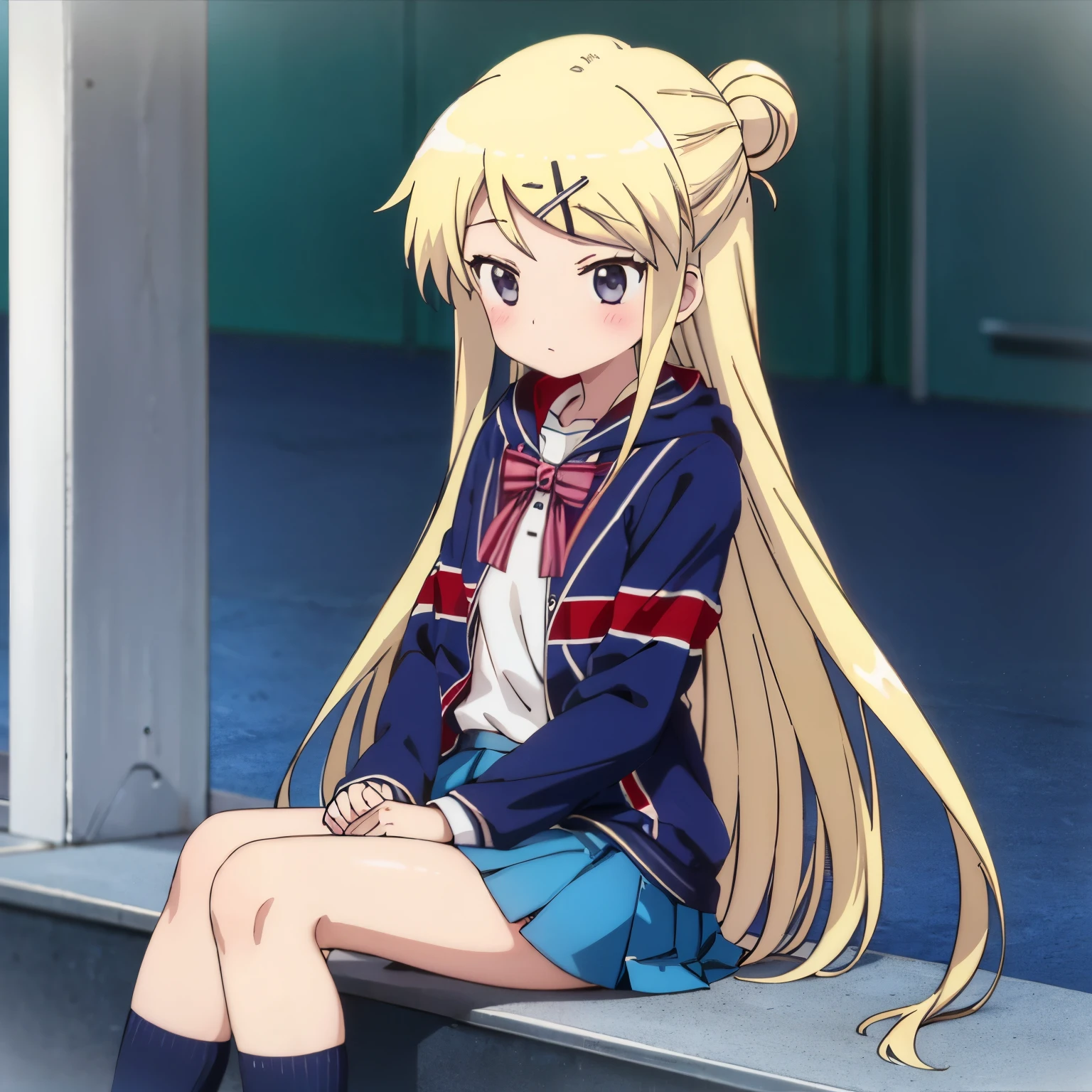 A high school girl in a sailor uniform sitting by the school pool holding her lap and watching,kujo karen union jack jacket, striped bow, white shirt, long sleeves, pleated skirt, blue skirt, kneehighs,

