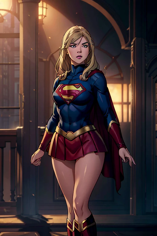 inked, beautiful supergirl shooting in front of a building, blonde hair, red cape, daylight, light from above, day, big building background, volumetric lighting, best quality, masterpiece, intricate, tonemapping, sharp focus, hyper detailed, leotard, bare legs, boots