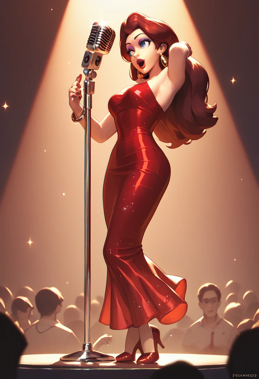 Pauline wearing a sparkling red tight dress, red heels, performing with a microphone stand, performing on stage