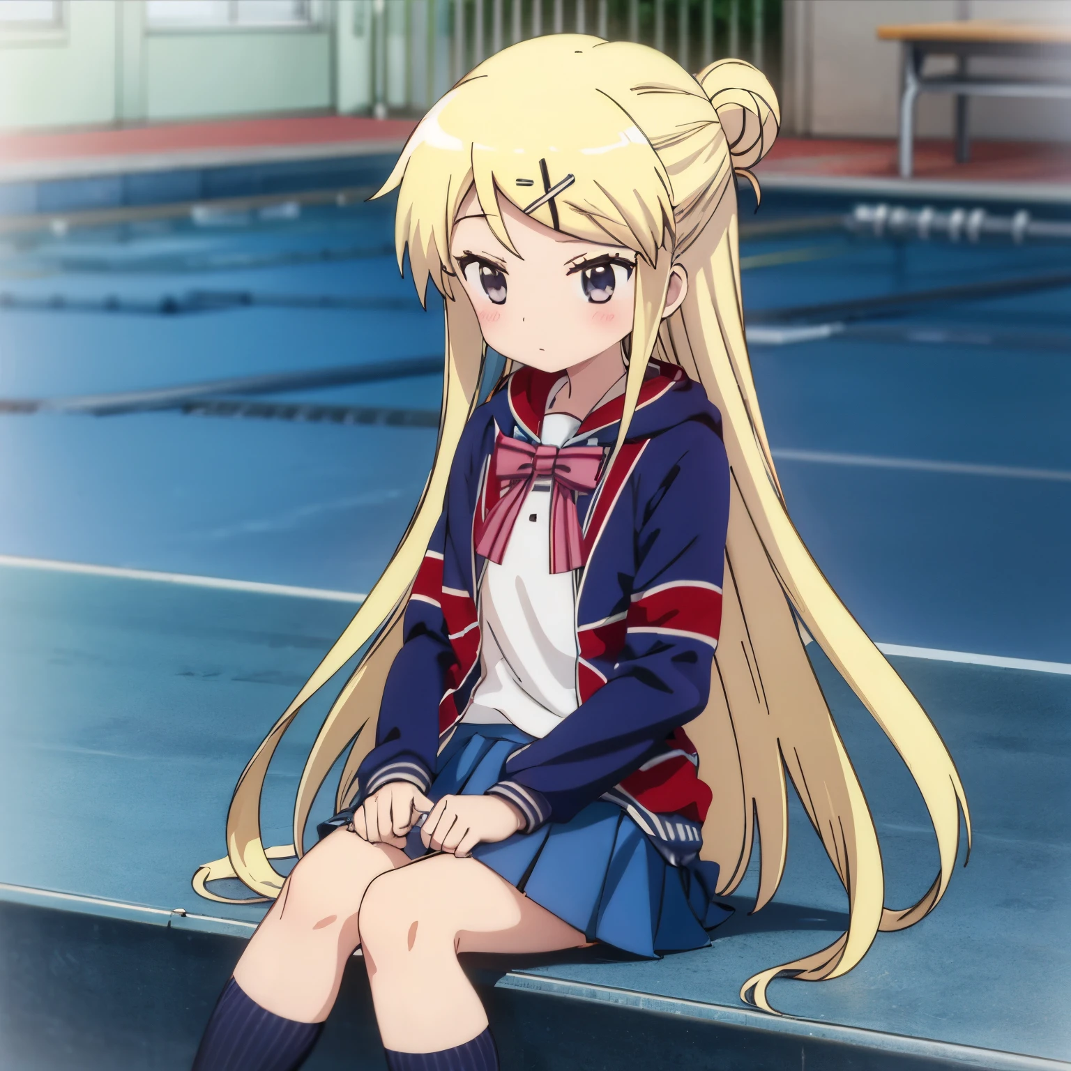 A high school girl in a sailor uniform sitting by the school pool holding her lap and watching,kujo karen union jack jacket, striped bow, white shirt, long sleeves, pleated skirt, blue skirt, kneehighs,

