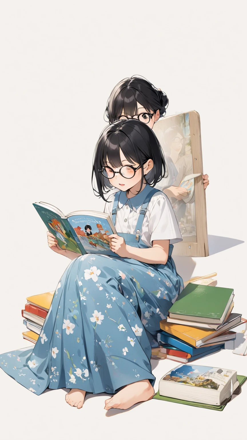 Black hair, glasses, reads picture books