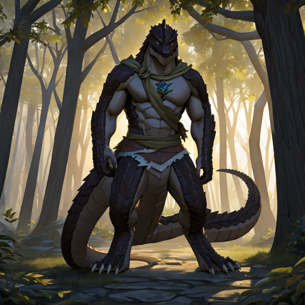 A tall muscular male dnd lizardman standing in a circle of trees, frills, spikes, fins, wearing nothing, animalistic, beastial, monster, big tail, intimidating, scary, DnD, detailed face and scales, intricate anatomy, intricate details, 8k, high resolution, masterpiece