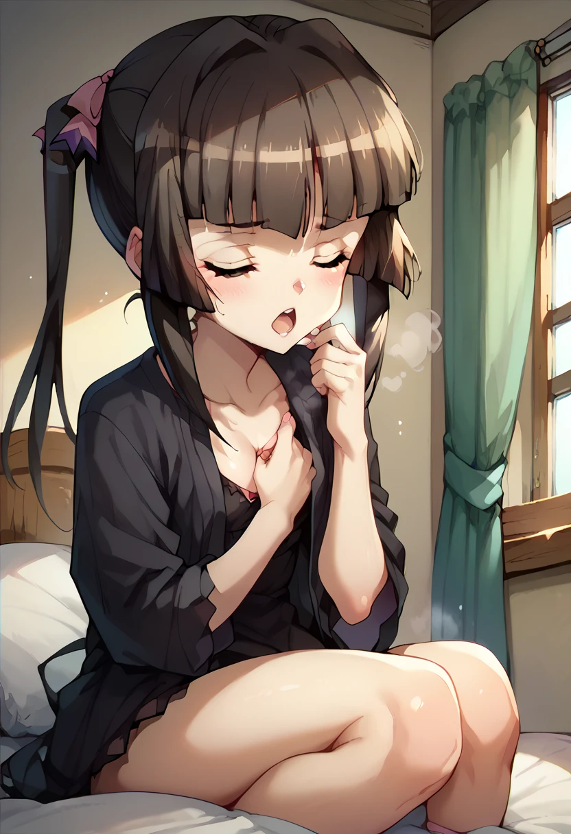 Shirabe Tsukuyomi,black dress,open clothes,in the bed,crawling position on their hands and knees,deep masturbation,steam,closed eyes,open mouth,tremble body,nsfw