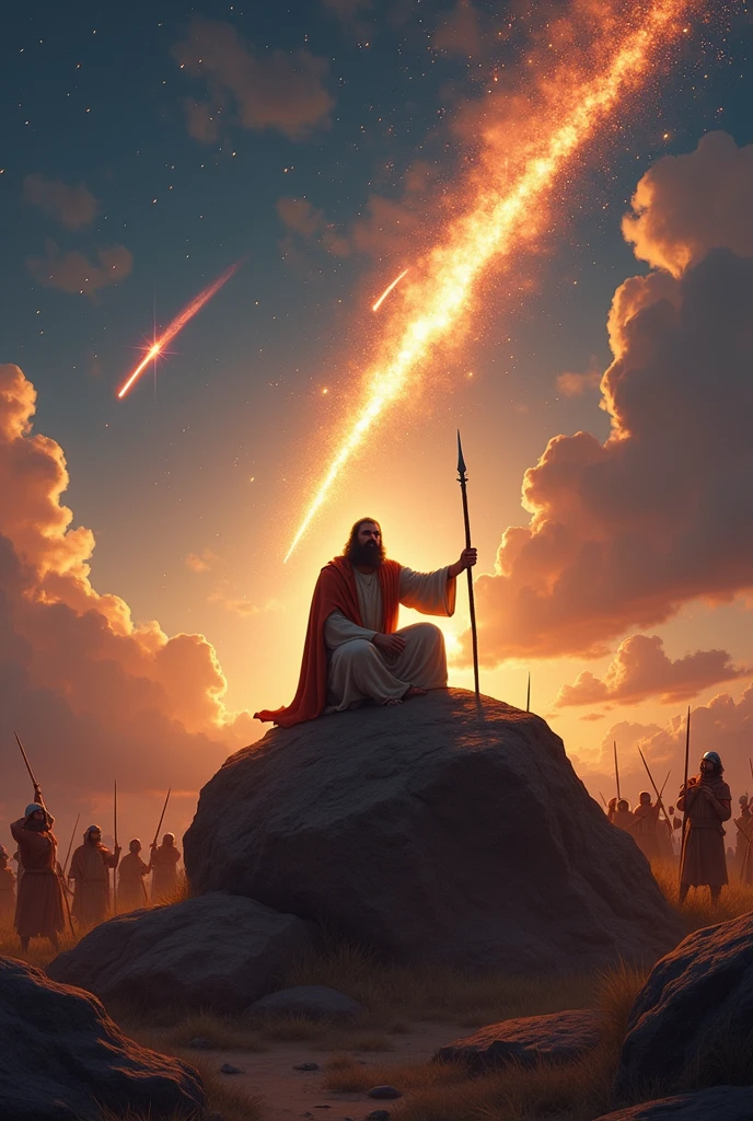 Develop an illustration of the prophet Elijah raising his hands toward heaven, while a ray of fire runs through the sky and strikes a stone altar far away from it, deixando-o completamente em chamas.