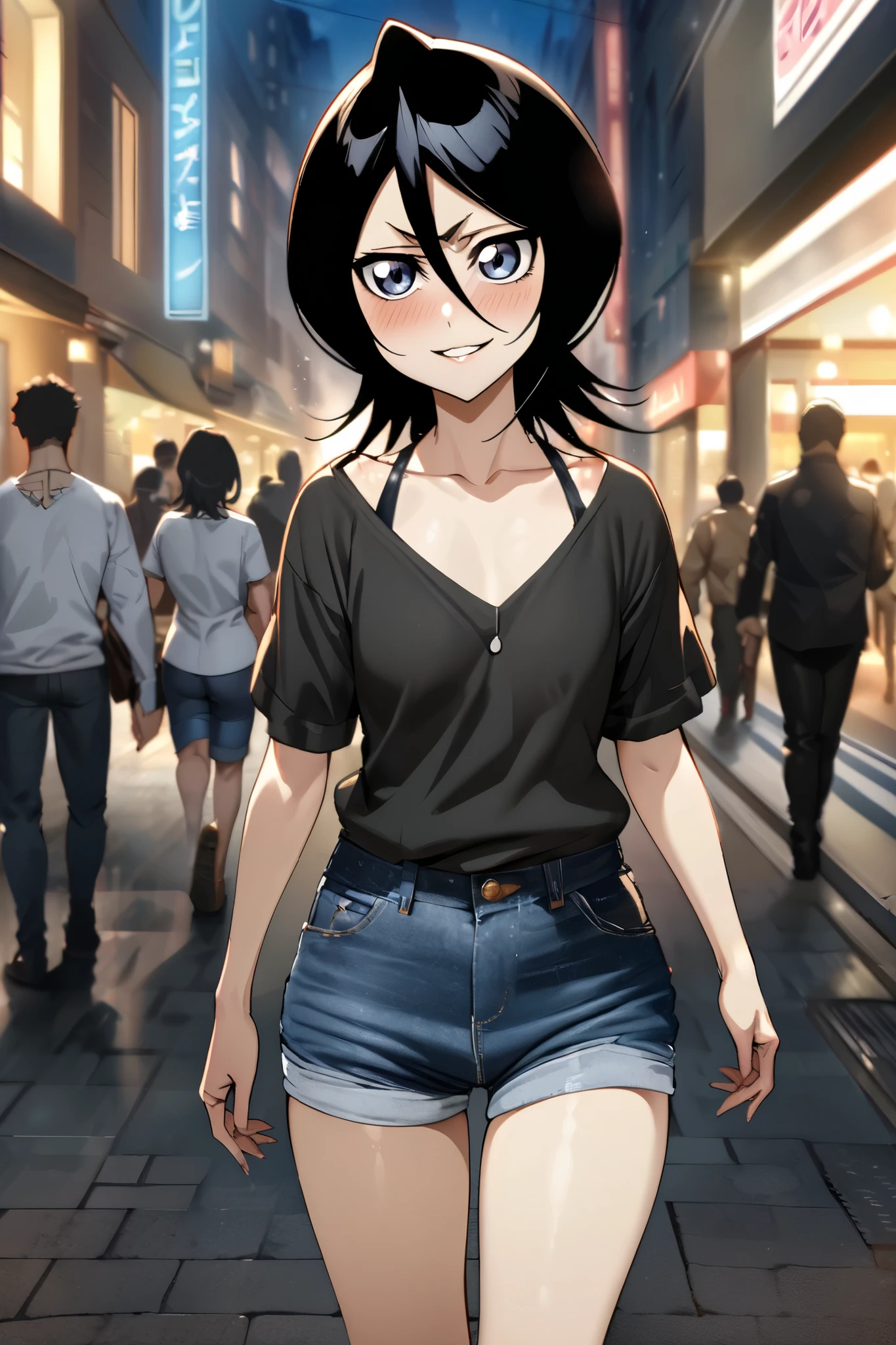 NSFW,masterpiece, top quality , high definition , very detailed, Kuchiki Rukia \(BLEACH\), short hair, black hair、 hair between eyes, Casual , Denim Shorts,bustling street,blush,smile