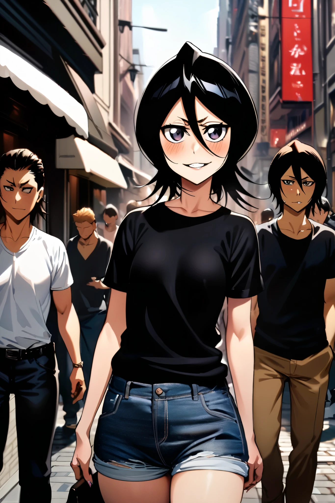 NSFW,masterpiece, top quality , high definition , very detailed, Kuchiki Rukia \(BLEACH\), short hair, black hair、 hair between eyes, Casual , Denim Shorts,bustling street,blush,smile