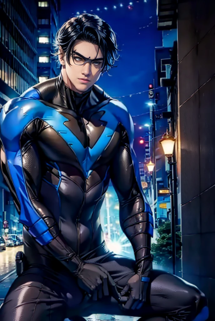 Nightwing Suit, Cute young man, Sexy Body, Tall, Shiny black hair, upright, 