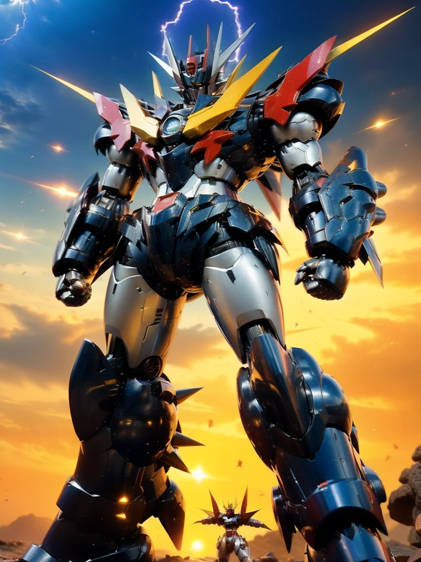 Humanoid Mecha,  fully sealed shoulder guard , Matching arm and leg guards, whole body,  Full Armor, Super Robot, Robust and agile design, (Main color is white .、Red and blue accents。,  This concept was inspired by a super robot ,  lion concept chest armor ,  pose,  standing, The ), Sophisticated、 mature art style , (Aura Effect,  energy , Shining Eyes, The armor shines), (( top quality 　REAL PHOTO QUALITY 　 Composition that feels combat movements in a petroleum complex 　 A giant robot weapon with the latest scientific design, warrior armor 　 Remains of a Heavy Equipment Robot Rolling Underfoot  　 Delicate and smart machine that fights on a scorching Mars citadel ZZ Giant Warrior GOD Macross Army　 New Giant Mecha Samurai Robot Weapon 　 Massive Mobile Suit God Gundam Warrior Ver 　　 Hell's Sengoku period with cannons Rashomon 　Typhoon Storm　 Giant Robot Samurai's head is similar to Gundam Mecha 　Zambot７　He is aboard a giant pirate-style space battleship.　)),   metallic  ,Shining Eyes　 dramatic,  high definition ,  top quality ,  high definition ,  very detailed, Fine painting,  very delicate ,  Professional , Perfect body  Professional  potion,  Anatomically Correct , Symmetrical face,  very detailed目と顔,  high quality eyes , creativity,  RAW photo, 超 high definition , 32K,  natural light,  movie lighting, masterpiece-anatomy-perfect, masterpiece:1.5　Shining Eyes