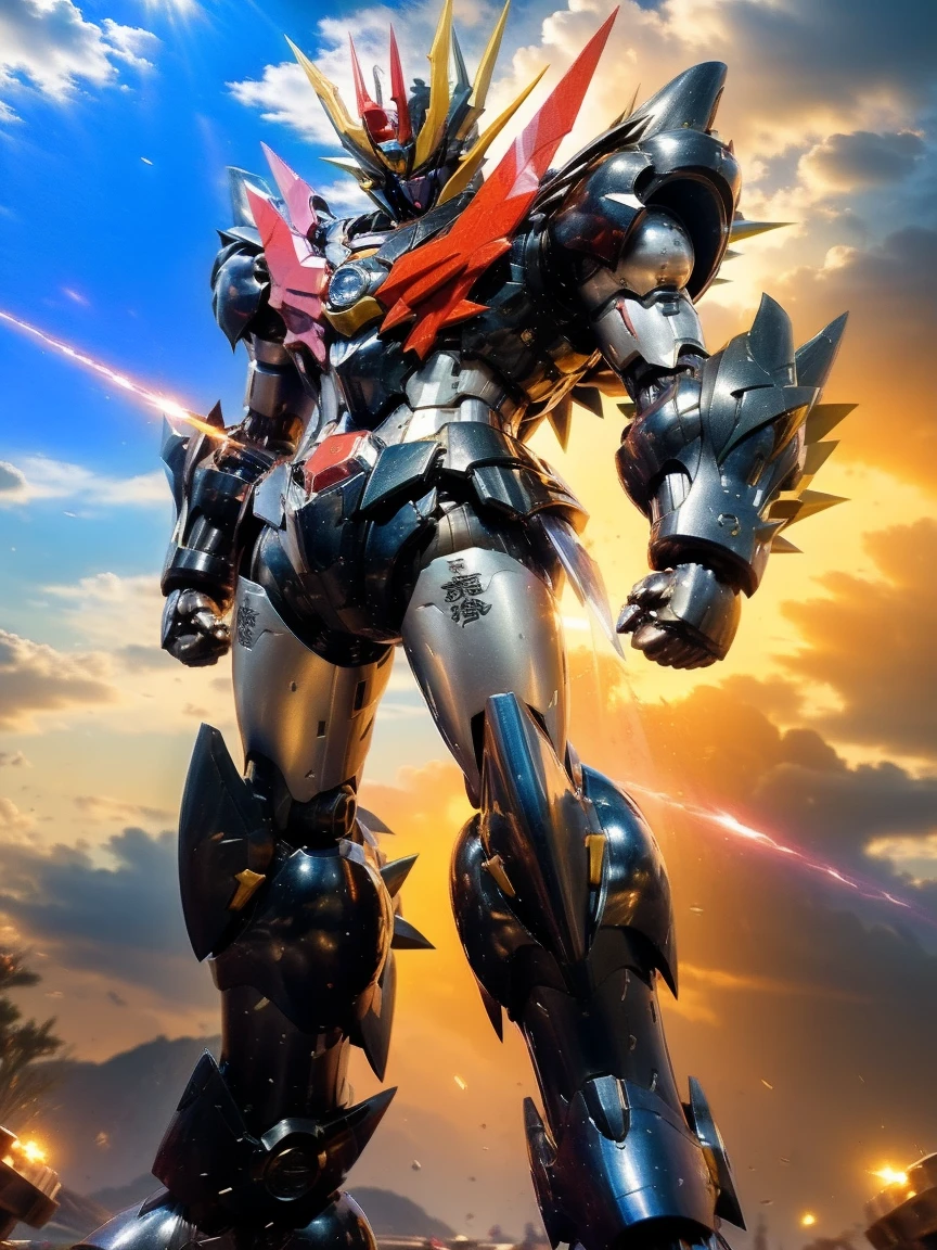 Humanoid Mecha,  fully sealed shoulder guard , Matching arm and leg guards, whole body,  Full Armor, Super Robot, Robust and agile design, (Main color is white .、Red and blue accents。,  This concept was inspired by a super robot ,  lion concept chest armor ,  pose,  standing, The ), Sophisticated、 mature art style , (Aura Effect,  energy , Shining Eyes, The armor shines), (( top quality 　REAL PHOTO QUALITY 　 Composition that feels combat movements in a petroleum complex 　 A giant robot weapon with the latest scientific design, warrior armor 　 Remains of a Heavy Equipment Robot Rolling Underfoot  　 Delicate and smart machine that fights on a scorching Mars citadel ZZ Giant Warrior GOD Macross Army　 New Giant Mecha Samurai Robot Weapon 　 Massive Mobile Suit God Gundam Warrior Ver 　　 Hell's Sengoku period with cannons Rashomon 　Typhoon Storm　 Giant Robot Samurai's head is similar to Gundam Mecha 　Zambot７　He is aboard a giant pirate-style space battleship.　)),   metallic  ,Shining Eyes　 dramatic,  high definition ,  top quality ,  high definition ,  very detailed, Fine painting,  very delicate ,  Professional , Perfect body  Professional  potion,  Anatomically Correct , Symmetrical face,  very detailed目と顔,  high quality eyes , creativity,  RAW photo, 超 high definition , 32K,  natural light,  movie lighting, masterpiece-anatomy-perfect, masterpiece:1.5　Shining Eyes