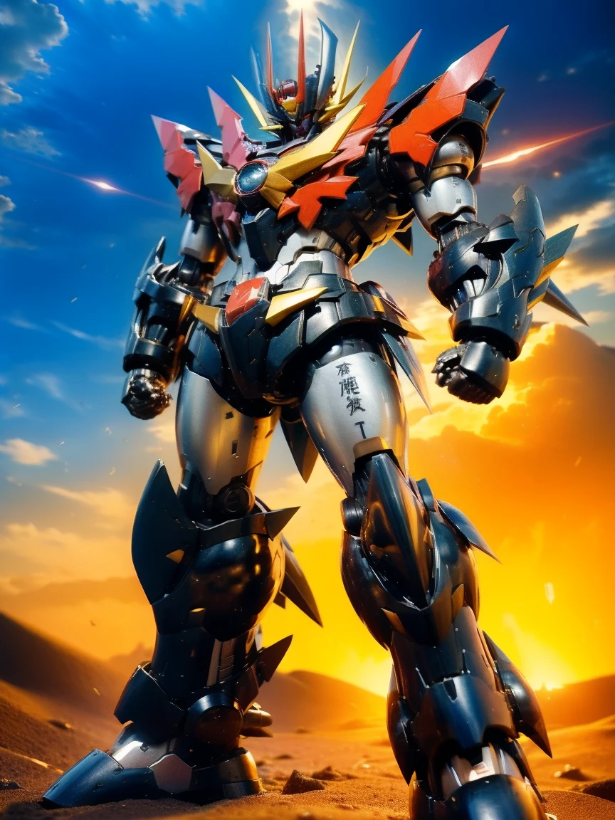 Humanoid Mecha,  fully sealed shoulder guard , Matching arm and leg guards, whole body,  Full Armor, Super Robot, Robust and agile design, (Main color is white .、Red and blue accents。,  This concept was inspired by a super robot ,  lion concept chest armor ,  pose,  standing, The ), Sophisticated、 mature art style , (Aura Effect,  energy , Shining Eyes, The armor shines), (( top quality 　REAL PHOTO QUALITY 　 Composition that feels combat movements in a petroleum complex 　 A giant robot weapon with the latest scientific design, warrior armor 　 Remains of a Heavy Equipment Robot Rolling Underfoot  　 Delicate and smart machine that fights on a scorching Mars citadel ZZ Giant Warrior GOD Macross Army　 New Giant Mecha Samurai Robot Weapon 　 Massive Mobile Suit God Gundam Warrior Ver 　　 Hell's Sengoku period with cannons Rashomon 　Typhoon Storm　 Giant Robot Samurai's head is similar to Gundam Mecha 　Zambot７　He is aboard a giant pirate-style space battleship.　)),   metallic  ,Shining Eyes　 dramatic,  high definition ,  top quality ,  high definition ,  very detailed, Fine painting,  very delicate ,  Professional , Perfect body  Professional  potion,  Anatomically Correct , Symmetrical face,  very detailed目と顔,  high quality eyes , creativity,  RAW photo, 超 high definition , 32K,  natural light,  movie lighting, masterpiece-anatomy-perfect, masterpiece:1.5　Shining Eyes