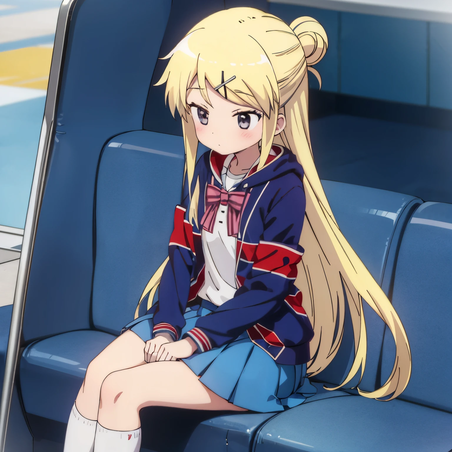 A high school girl in a sailor uniform sitting by the school pool holding her lap and watching,kujo karen union jack jacket, striped bow, white shirt, long sleeves, pleated skirt, blue skirt, kneehighs,

