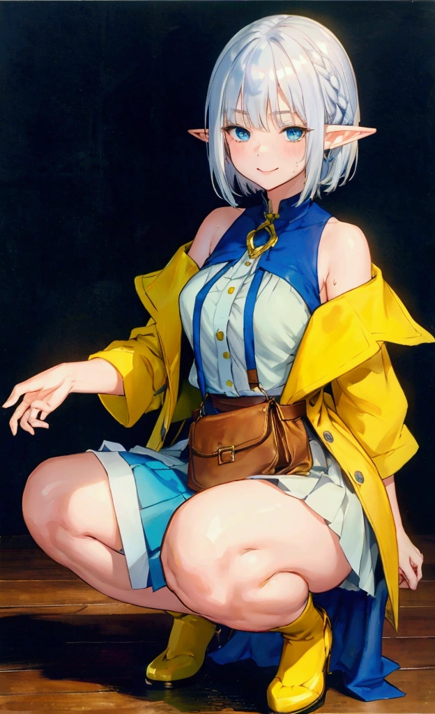 oil painting, Like a game cover、background（Skillfully expressing the effects of light and shadow、 raise your hands to show your sweaty armpits、Blue and yellow contrast ）、 pose（ squats）、 character （ pointed ears、Elf、 blue eyes、ラフなclothing、 long lashes,smile、Mr.々Expression）、Hairstyle（ Rinwell-style braided silver hair short hair ）、clothing（ green white shirt with light blue ruffles skirt）、item（ yellow-brown shoulder bag with a green coat）、scene（whole body）