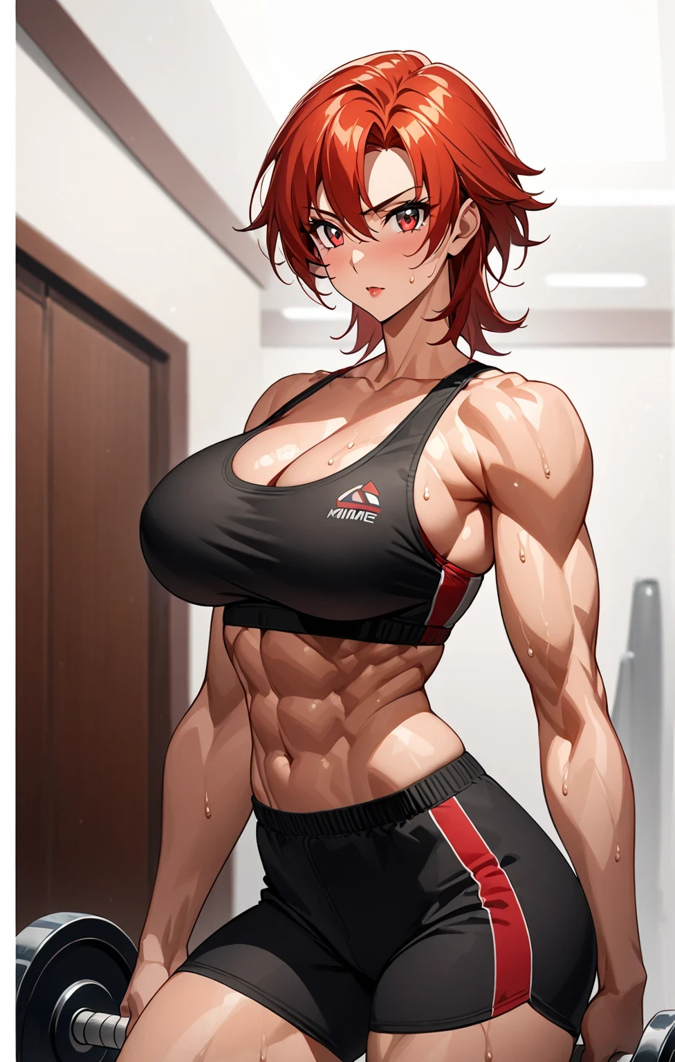 score 9 、score 8 up、score 7 up、source anime、masterpiece、 top quality 、 high definition 、1woman、brave woman、Stupid、Gym、Alone、Fit Woman 、Muscular!!、Muscular!、 muscular woman 、 workout 、Attractive anime women、Big Breasts、navel、midriff、abs、stomach、collarbone、 woman with very large breasts、cleavage、Muscle Sweat Lara Croft、 red hair、Short Hair、 hair between eyes、 red eyes、 Portrait of a Seductive Woman、 Courageous Atmosphere 、Brave mood、clothing: black sports bra、Very tall woman、A woman wearing shorts、ig model | ArtGerm、sports bra with an black、Strong muscles、 Bigger Chest and Butt 、Anime Female Portrait 、detailed Anime Female Portrait 、Anime female portrait、Anime Woman Portrait、sports bra and shorts only、 training to break the tiles、standing、Muscular and strong、looking at viewer、cowboy shot、female focus、