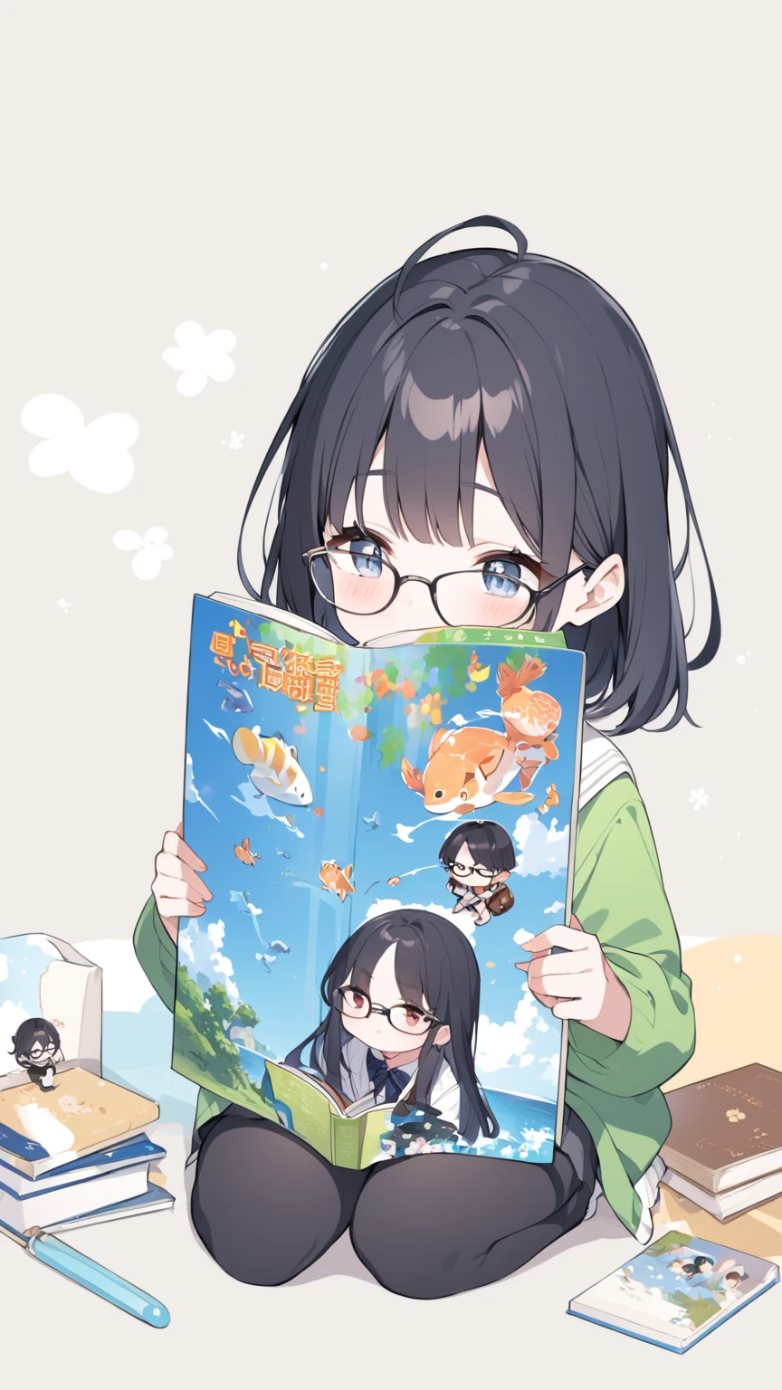 Black hair, glasses, reads picture books