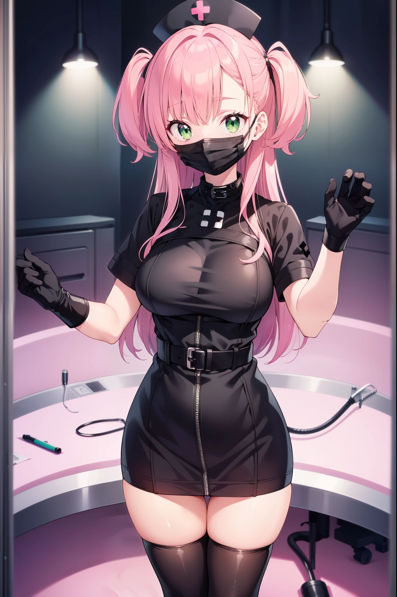 black nurse, 1girl, solo, black nurse cap, black nurse uniform, ((black legwear, zettai ryouiki)), black elbow gloves, pink hair, green eyes, drooping eyes, ((black surgical mask, covered nose)), standing, ((surgery room)), sharp outline, short sleeves, best quality, masterpiece