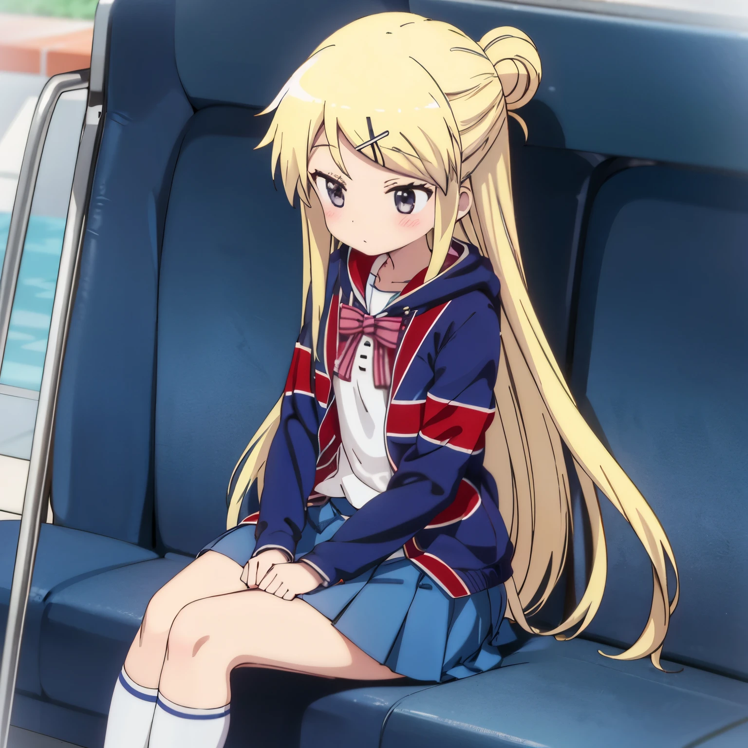 A high school girl in a sailor uniform sitting by the school pool holding her lap and watching,kujo karen union jack jacket, striped bow, white shirt, long sleeves, pleated skirt, blue skirt, kneehighs,

