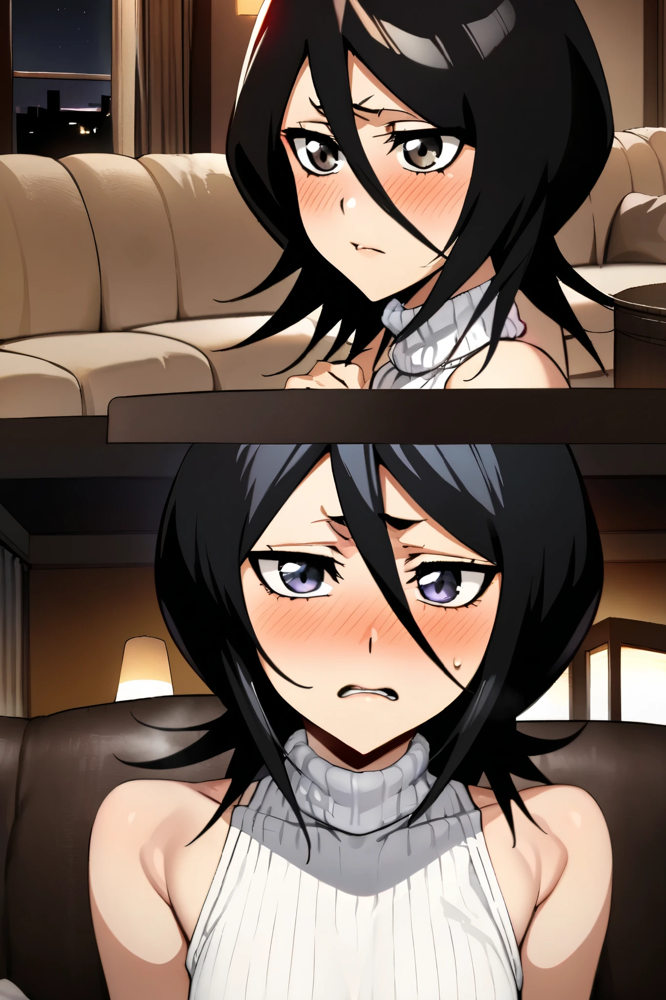 NSFW,masterpiece, top quality , high definition , very detailed, Kuchiki Rukia \(BLEACH\), short hair, black hair、 hair between eyes, white turtleneck sweater , sleeveless,Married Woman,Living room at night,Sofa,Embarrassed,blush