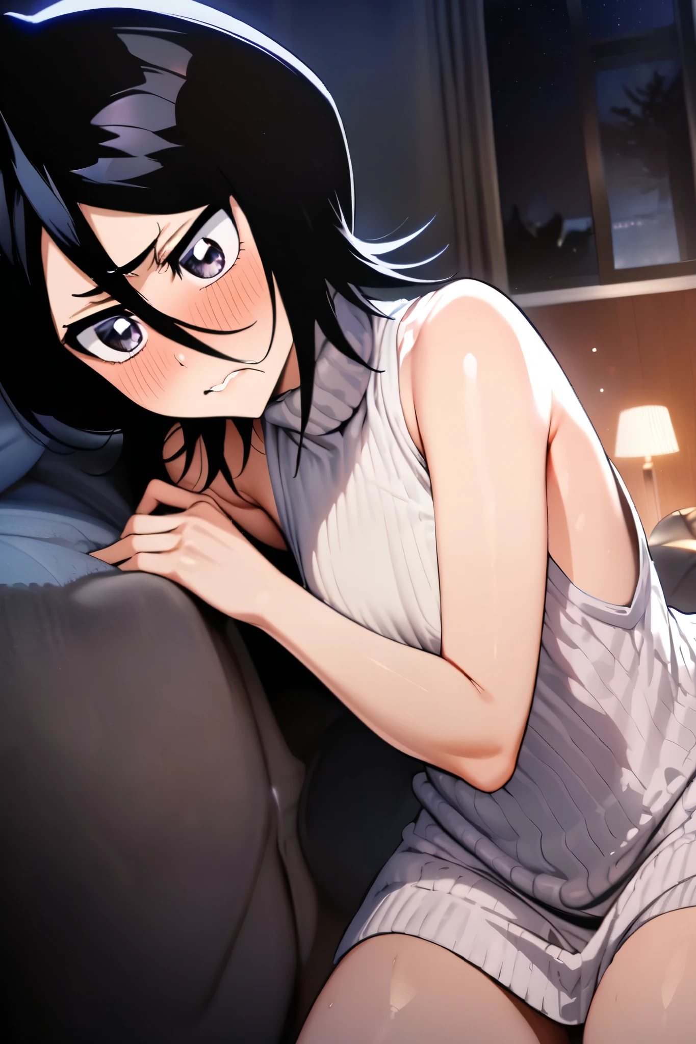 NSFW,masterpiece, top quality , high definition , very detailed, Kuchiki Rukia \(BLEACH\), short hair, black hair、 hair between eyes, white turtleneck sweater , sleeveless,Married Woman,Living room at night,Sofa,Embarrassed,blush