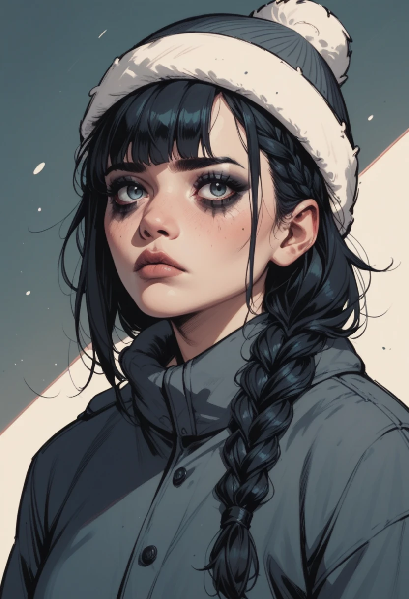 score_9, score_8_up, score_7_up, score_6_up, score_5_up, score_4_up, 1girl, closeup, hair braid, Winter hat, emo likeness, egirl, bangs under eyes, makeup, sexy girl