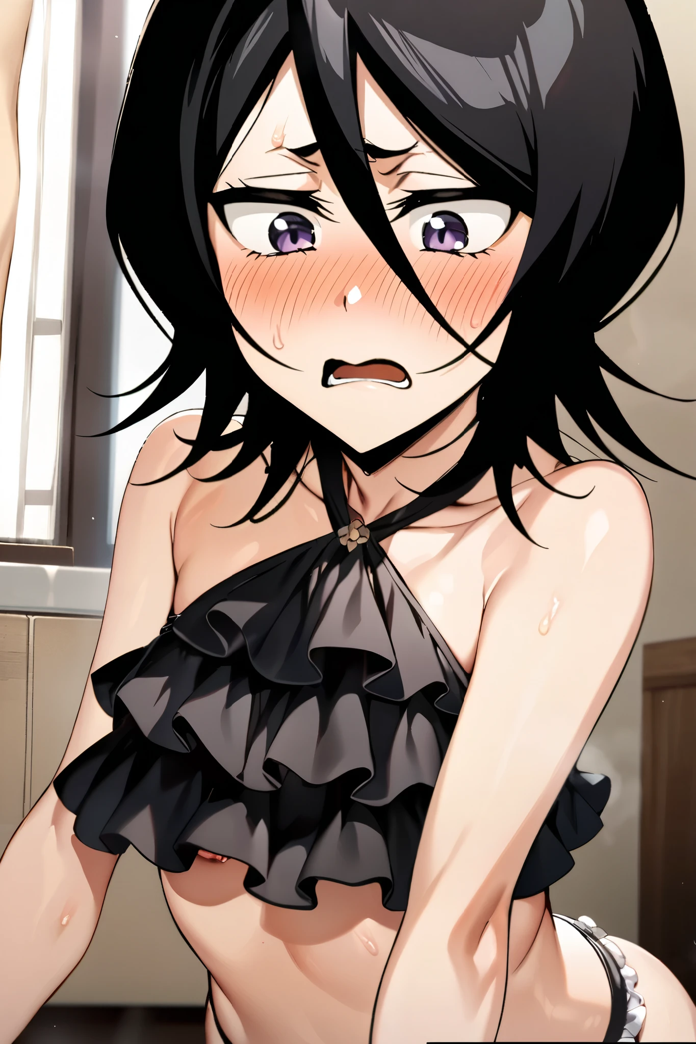 NSFW,masterpiece, top quality , high definition , very detailed, Kuchiki Rukia \(BLEACH\), short hair, black hair、 hair between eyes,Halterneck bikini, frill bikini,Embarrassed,blush