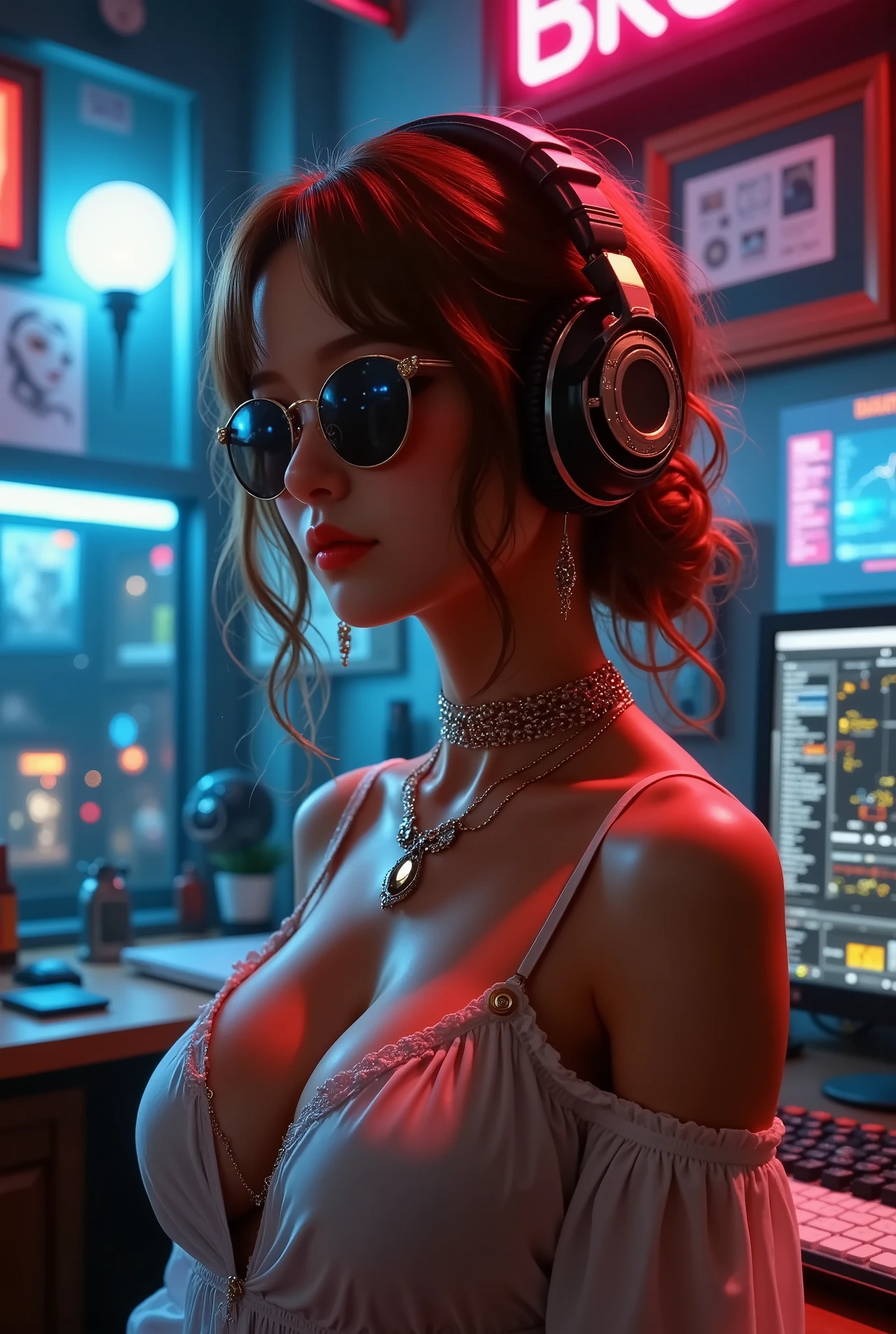 Brown Hair .  beautiful woman wearing curly hair and sunglasses wearing large headphones、 wearing large headphones - earpiece or surround、 Room of Darkness 、Neon Cyberpunk at night 、 coordinator Neon Glow 