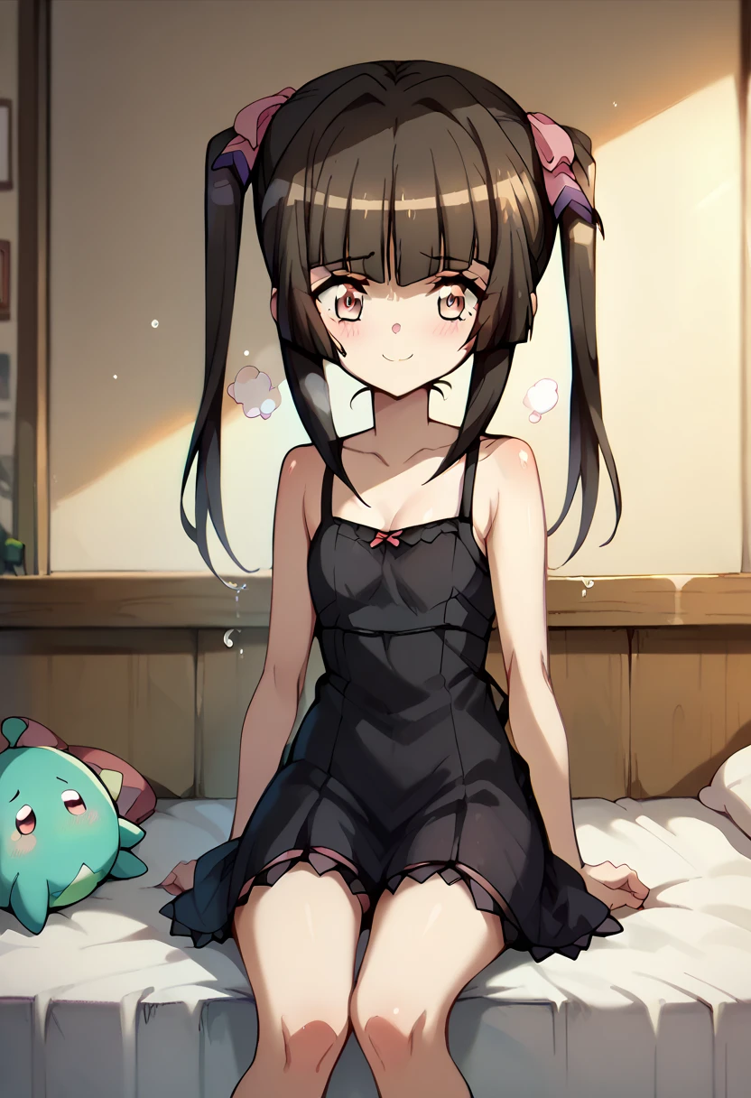 shirabe tsukuyomi, black dress,black clothes,sitting in the bed, shy smile ,steam,splash pussy,tremble body,nsfw