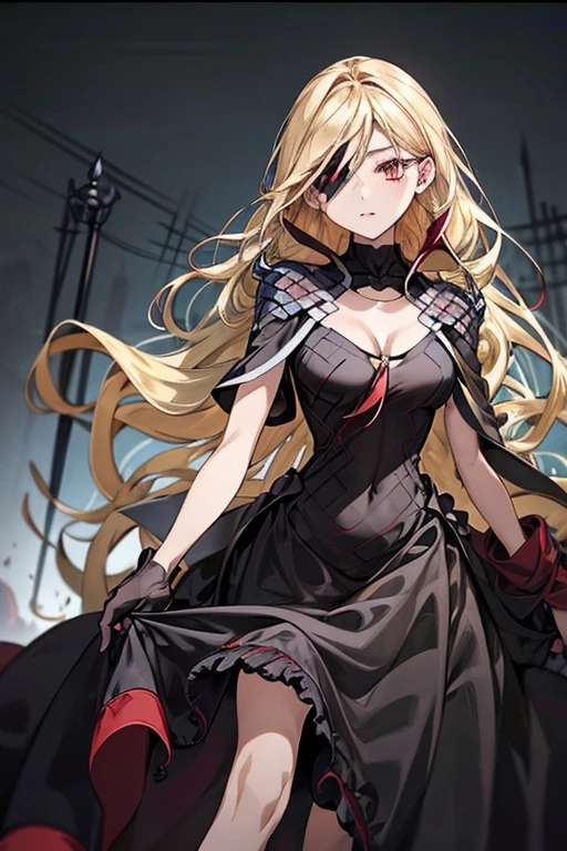 (masterpiece),  top quality ,  red eyes,  black ruffle dress,  black border on dress , black gloves and shoes ,  wave hair,  blonde hair color、 cowboy shot, (( black dress)) ,masterpiece.  top quality .  a woman in a long black dress.  red eyes. She has blond hair . Realistic hand.  detailed hands .  beautiful eyes,  Gothic Dress