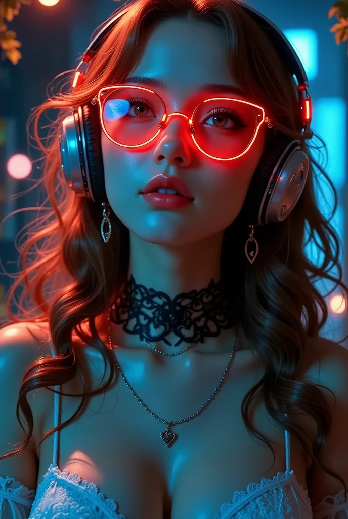 Brown Hair .  beautiful woman wearing curly hair and sunglasses wearing large headphones、 wearing large headphones - earpiece or surround、 Room of Darkness 、Neon Cyberpunk at night 、 coordinator Neon Glow 