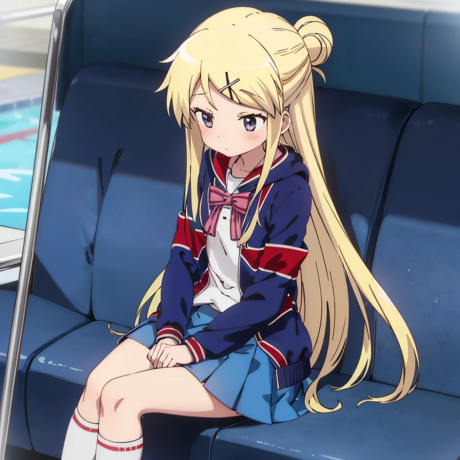 A high school girl in a sailor uniform sitting by the school pool holding her lap and watching,kujo karen union jack jacket, striped bow, white shirt, long sleeves, pleated skirt, blue skirt, kneehighs,

