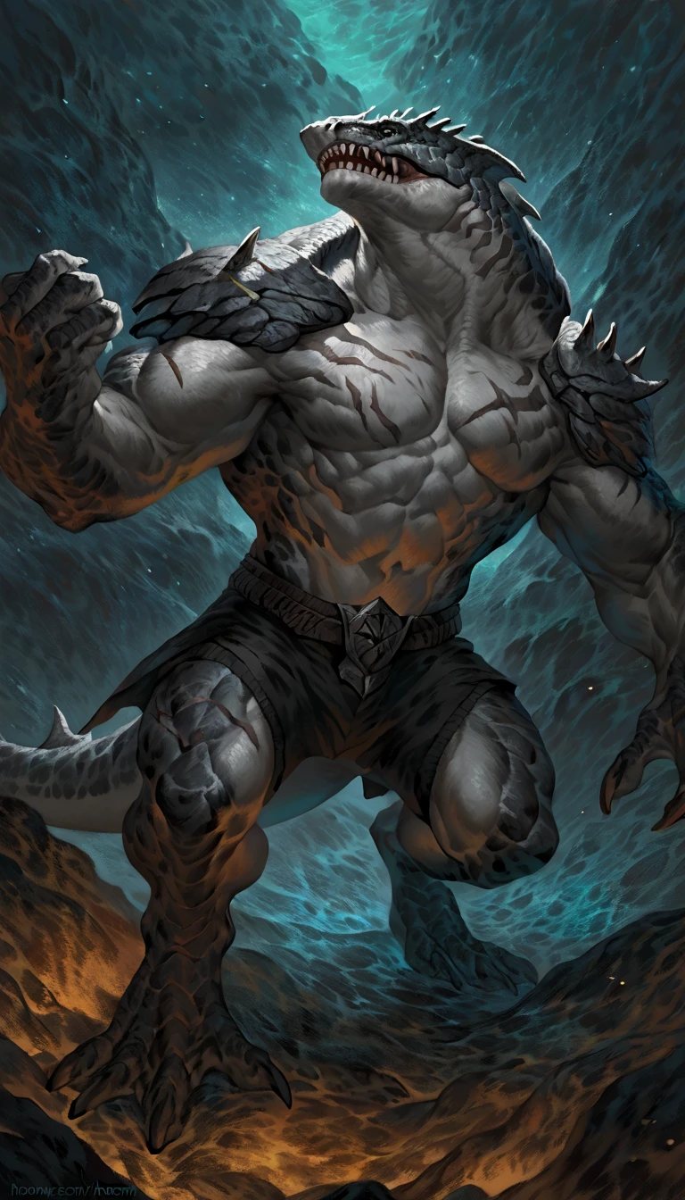 Muscular monster shark, solo, body made of steel, strong, metallic scales, scars on body, 1male solo,feral, muscular, small waist, thick tail, thick scales on the shoulders, marked detailed jaws, open jaws big pecs, pants, full body, comicbook style, best quality, 4k, ultra-detailed, by laobai, by taran fiddler, by honovy, by null-ghost, by thebigslick, underwater scenery, night, darkness, pixel art