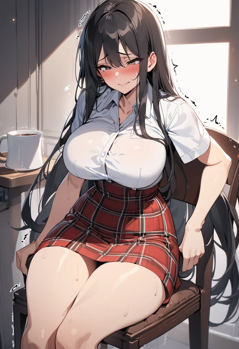 top quality, masterpiece,  high definition , 8k,  1 girl, Alone,  Expressive Dark Brown Eyes , mature woman, (((Trembling Body))), ((( Straight Long Hair ))), ((( black hair))),  Big Breasts High School Girl,  uniform with a white shirt and a dark red plaid miniskirt with a red ribbon ,  looking at camera, (((cowboy shot))), 困り顔, (acme),living, ((( Rich Hips ))), blush,  shy , (((sits on a chair))), ( open legs), Mumbling with tears in my eyes , milf,  sad smile