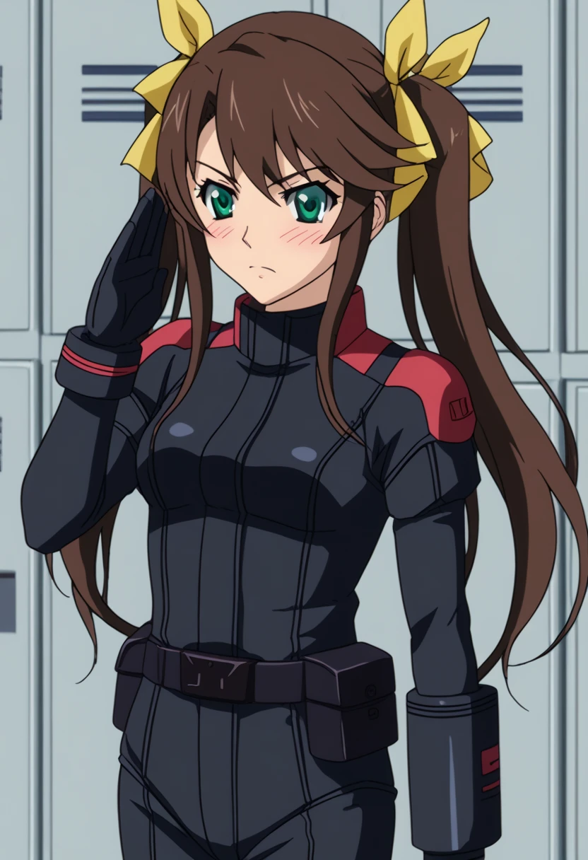 Z Gundam pilot suit, ( black pilot suit for piloting a machine:1.5) 、,score_9、 score_8_ up、 score_7_ up、 Destroys Top Quality 、 Refined details 、  Source Anime  、  1 girl、、solo、Ling Yin Fan 、 long hair、 brown hair 、ribbon、 twin tails、 green eyes、ヘアribbon、locker room,salute、serious、blush