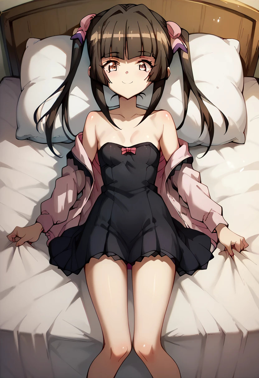 shirabe tsukuyomi, black dress,open clothes,in the bed, bashful smile ,splash pussy,tremble body,nsfw