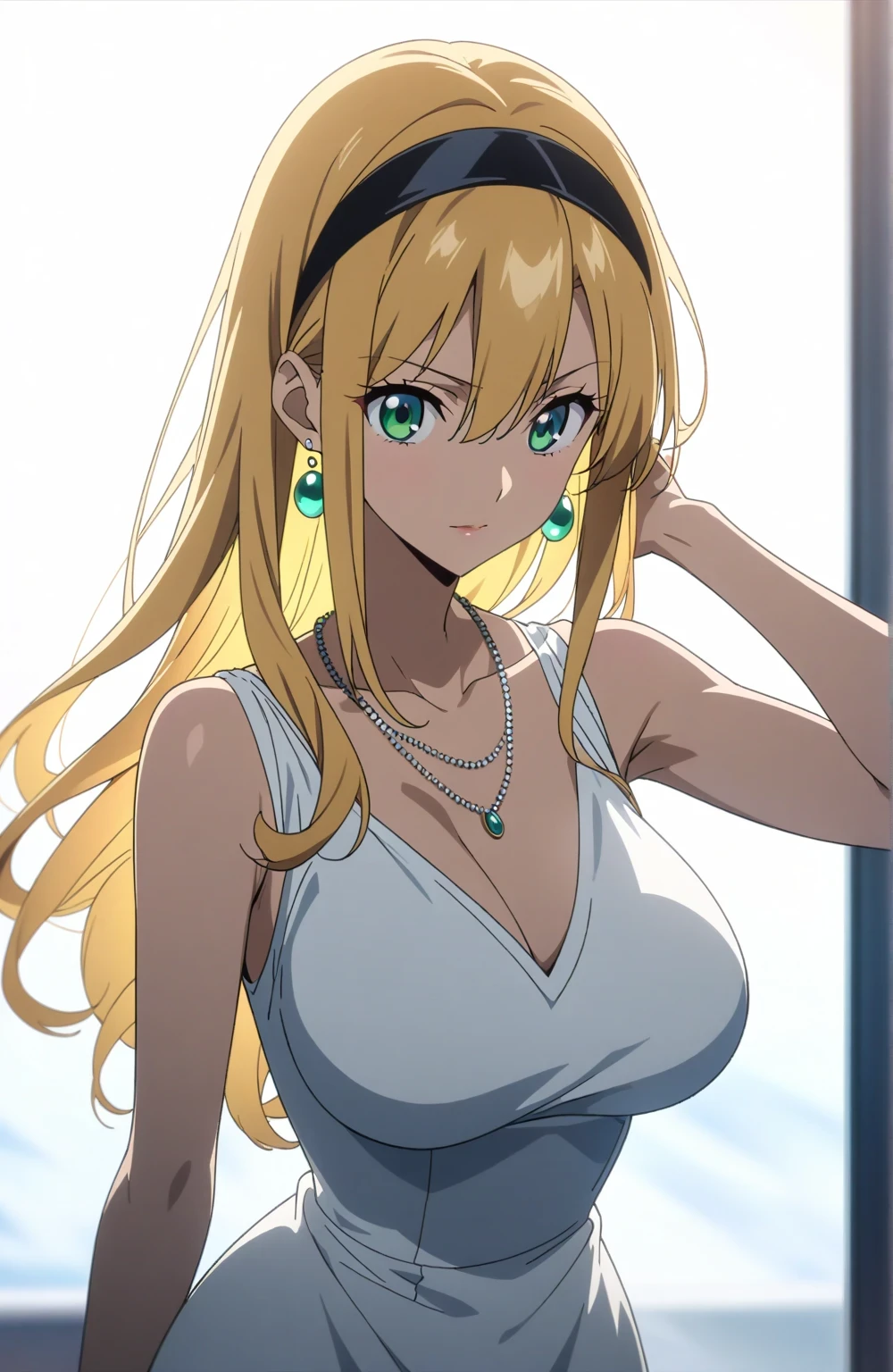 score 9 、score 8 up、score 7 up、source anime、masterpiece、 top quality 、 high definition 、1woman、cool beauty、長い髪と Anime Woman Wearing White Dress 、Alone、 beautiful anime portrait、 beautiful anime girls、 anime girl portrait 、 beautiful anime woman 、Big Breasts、 woman with very large breasts、collarbone、Blonde、 hair between eyes、eyelash、 long hair、 green eyes、jewelry necklace、jewelry earrings、black hairband、 Anime Woman Wearing White Dress 、Anime Woman Portrait、Classy atmosphere 、 elegant atmosphere、clothing:white tennis dress 、Sleeveless、 female anime character 、Cool anime women、Very tall woman、 Basic Tennis Dress 、tennis one piece with an white、tennis one piece sleeve with an no sleeve、 Bigger Chest and Butt 、Anime Female Portrait 、detailed Anime Female Portrait 、Anime female portrait、Anime Woman Portrait、standing、looking at viewer、cowboy shot、female focus、