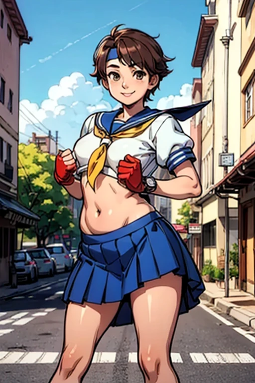 masterpiece, best quality, highres, 1girl, solo, superhero, leotard, bare legs, brown hair, short hair, brown eyes, hairband, medium hair, ribbon, boots, matching boots, medium breasts, cowboy shot, standing, smile, city backdrop, haruhi suzumiya, sleeveless,
