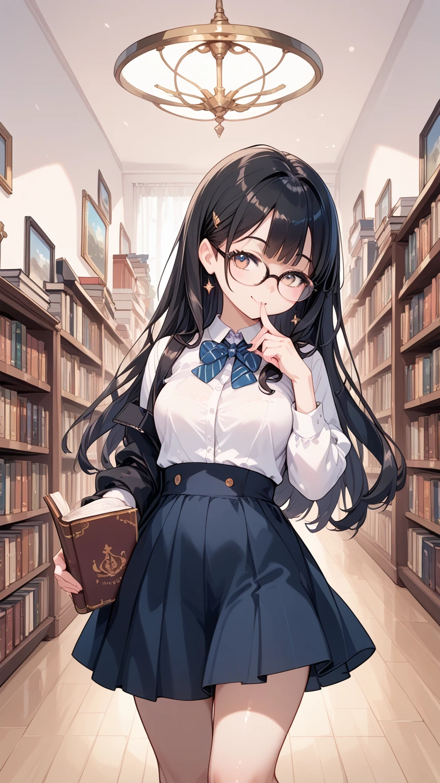 Black hair, glasses, reads picture books