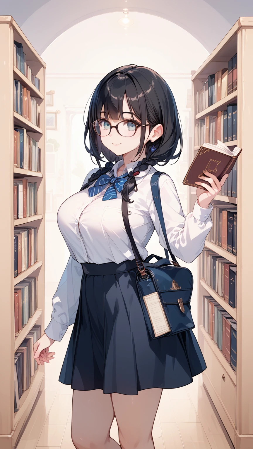 Black hair, glasses, reads picture books