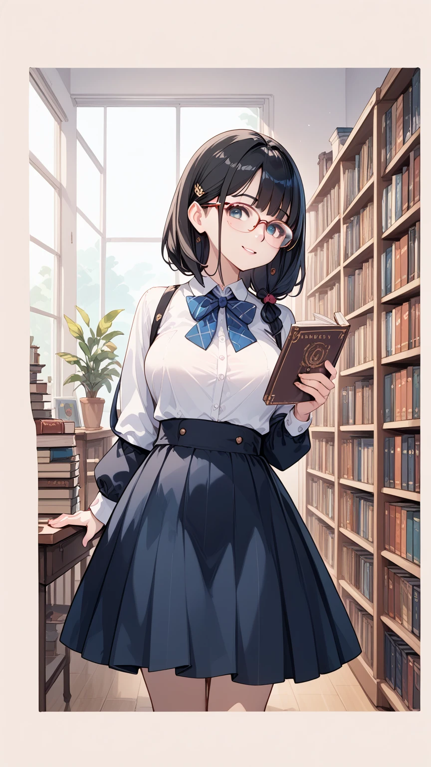 Black hair, glasses, reads picture books