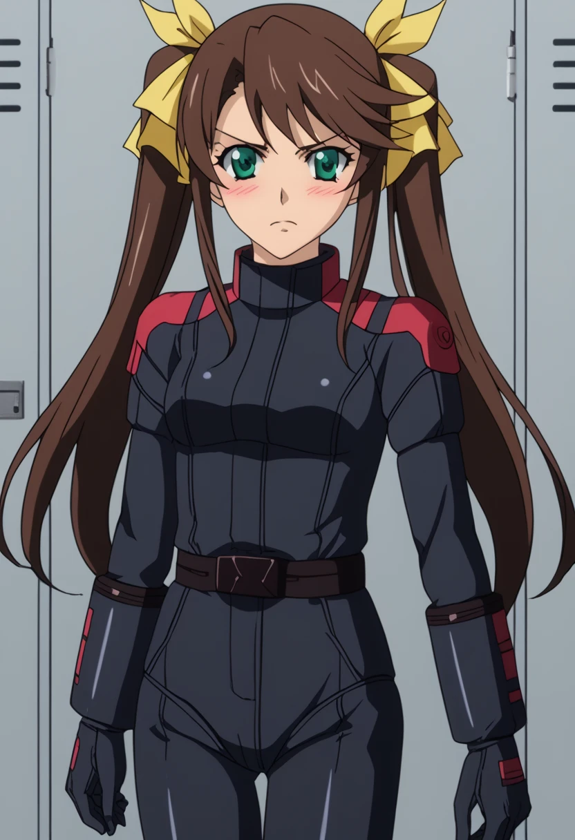 Z Gundam pilot suit, ( black pilot suit for piloting a machine:1.5) 、,score_9、 score_8_ up、 score_7_ up、 Destroys Top Quality 、 Refined details 、  Source Anime  、  1 girl、、solo、Ling Yin Fan 、 long hair、 brown hair 、ribbon、 twin tails、 green eyes、ヘアribbon、locker room、serious、blush