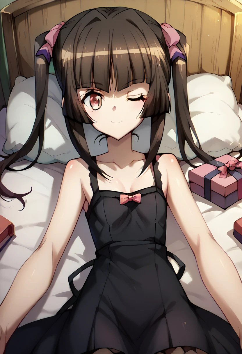 Shirabe Tsukuyomi, black dress,wink,present,in the bed