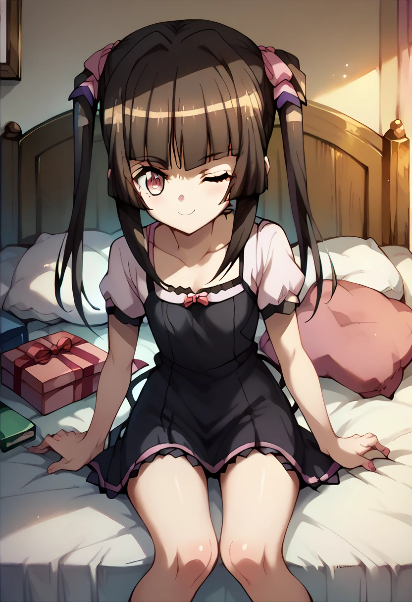 Shirabe Tsukuyomi, black dress,wink,present,in the bed