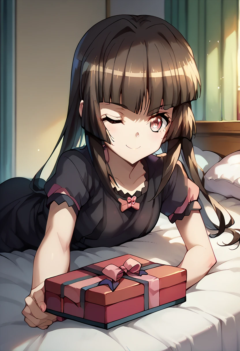 Shirabe Tsukuyomi, black dress,wink,present,in the bed