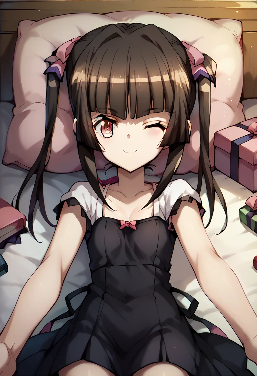 Shirabe Tsukuyomi, black dress,wink,present,in the bed